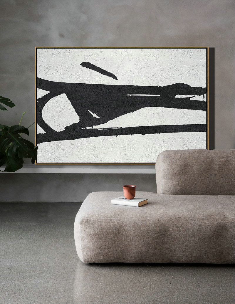 Large Wall Art Home Decor,Hand Painted Oversized Horizontal Minimal Art On Canvas, Black And White Minimalist Painting - Abstract Painting Modern Art